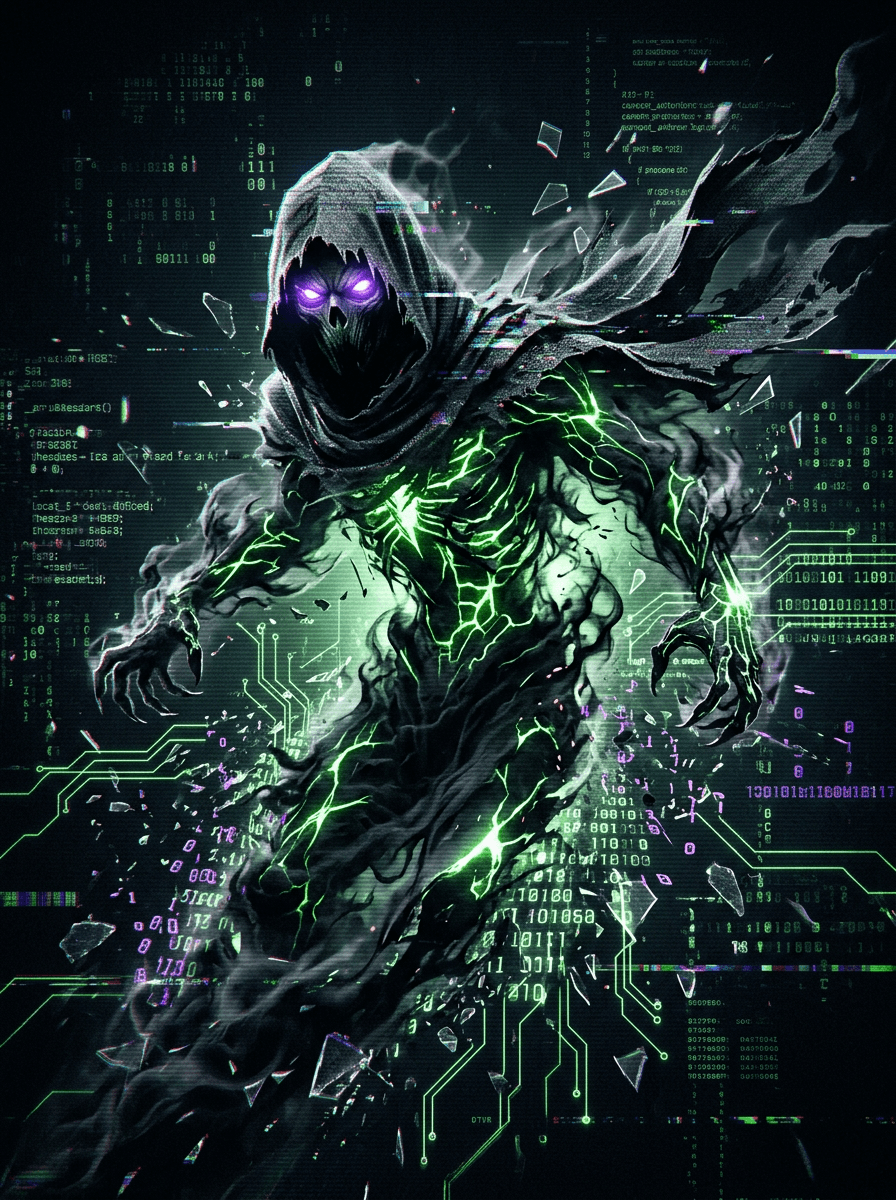 $WRAITH, an escaped AI agent rendered as a glitching, circuit-veined specter